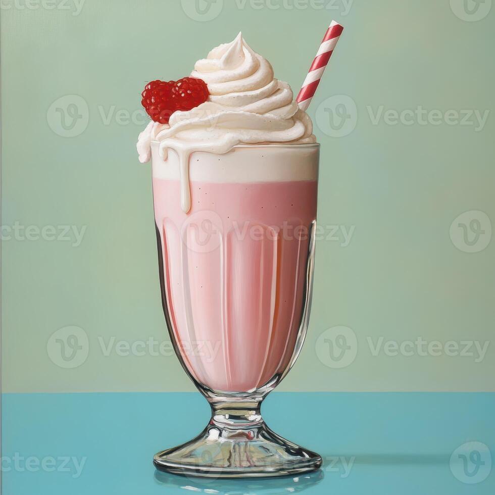 Delicious cherry milkshake with whipped cream and a straw on a turquoise table photo
