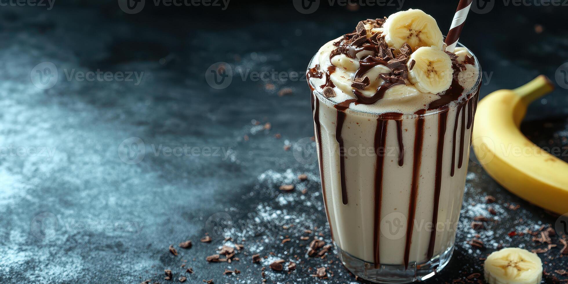 Creamy banana chocolate shake garnished with banana slices on a dark background photo
