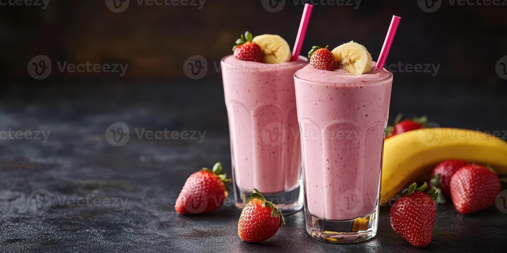 Refreshing strawberry banana smoothies served in tall glasses with fresh strawberries and banana slices around them in a dark setting photo