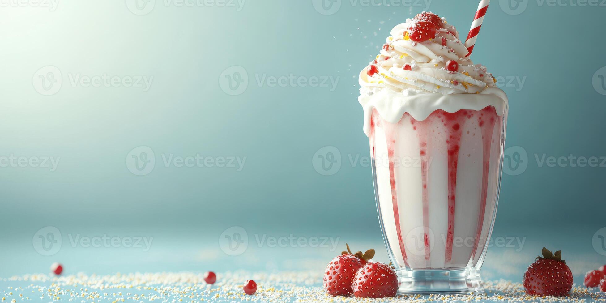 Ice cream sundae topped with whipped cream and strawberries served in a glass with a straw photo