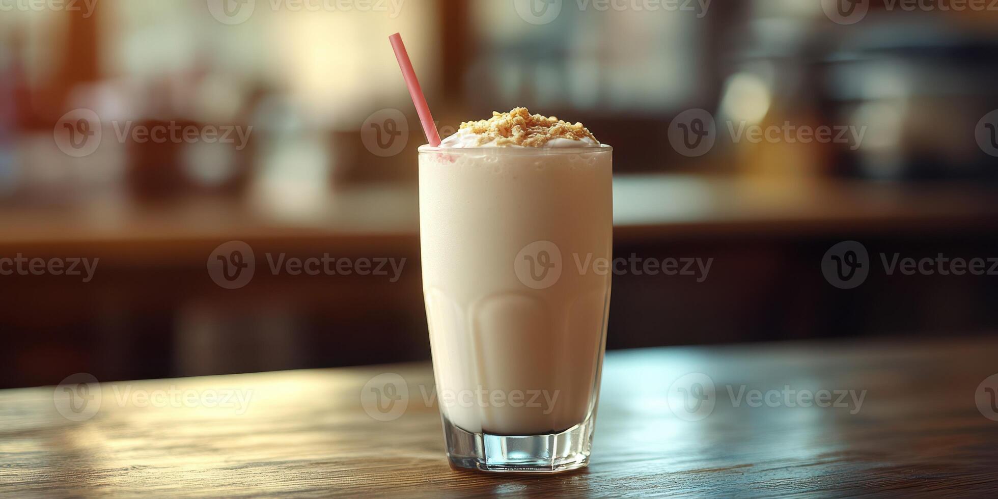 Creamy milkshake served in a tall glass on a wooden table in a cozy cafe setting during afternoon light photo