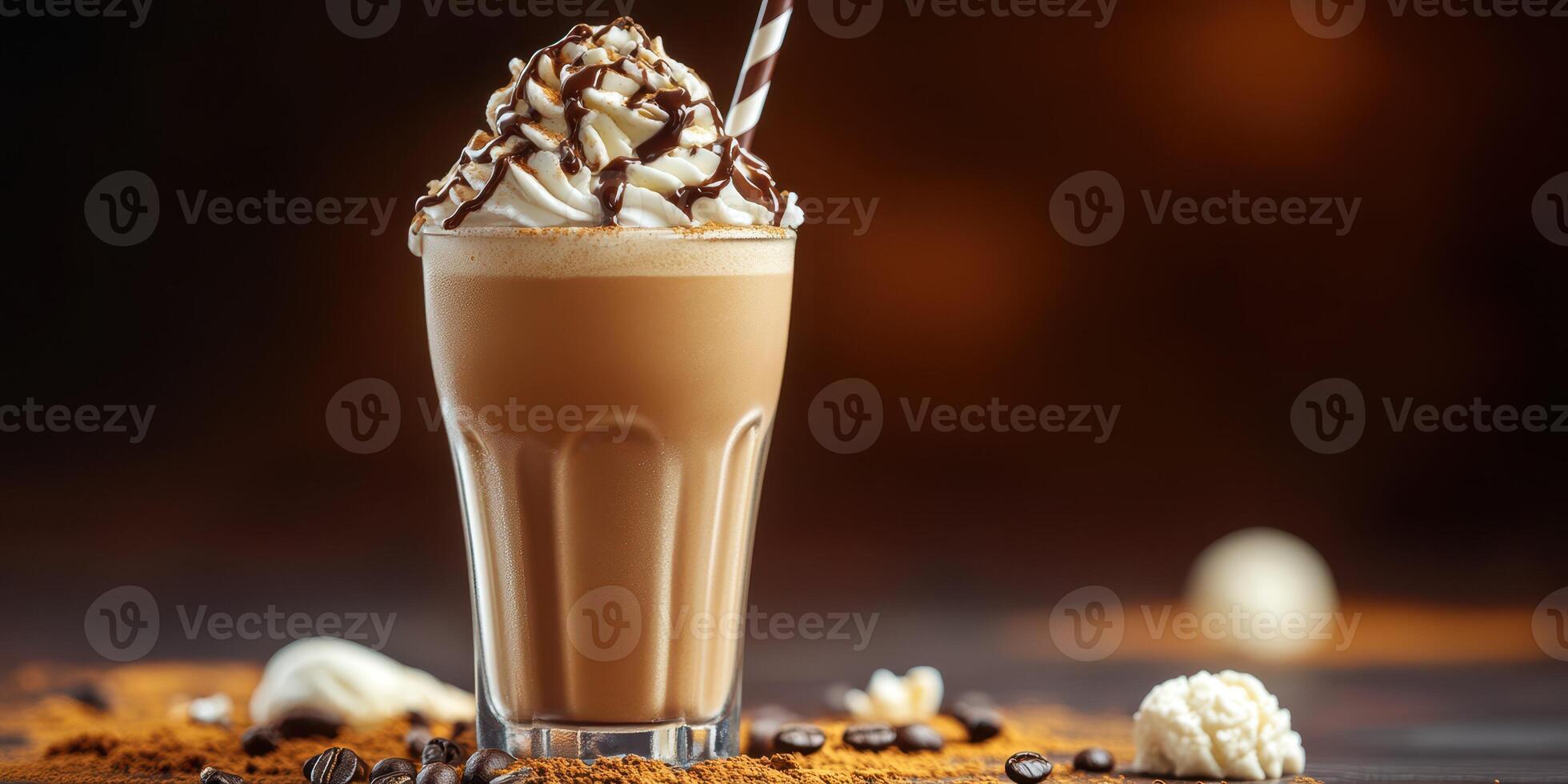 Delicious coffee drink topped with whipped cream and chocolate drizzle sits on a decorative background photo