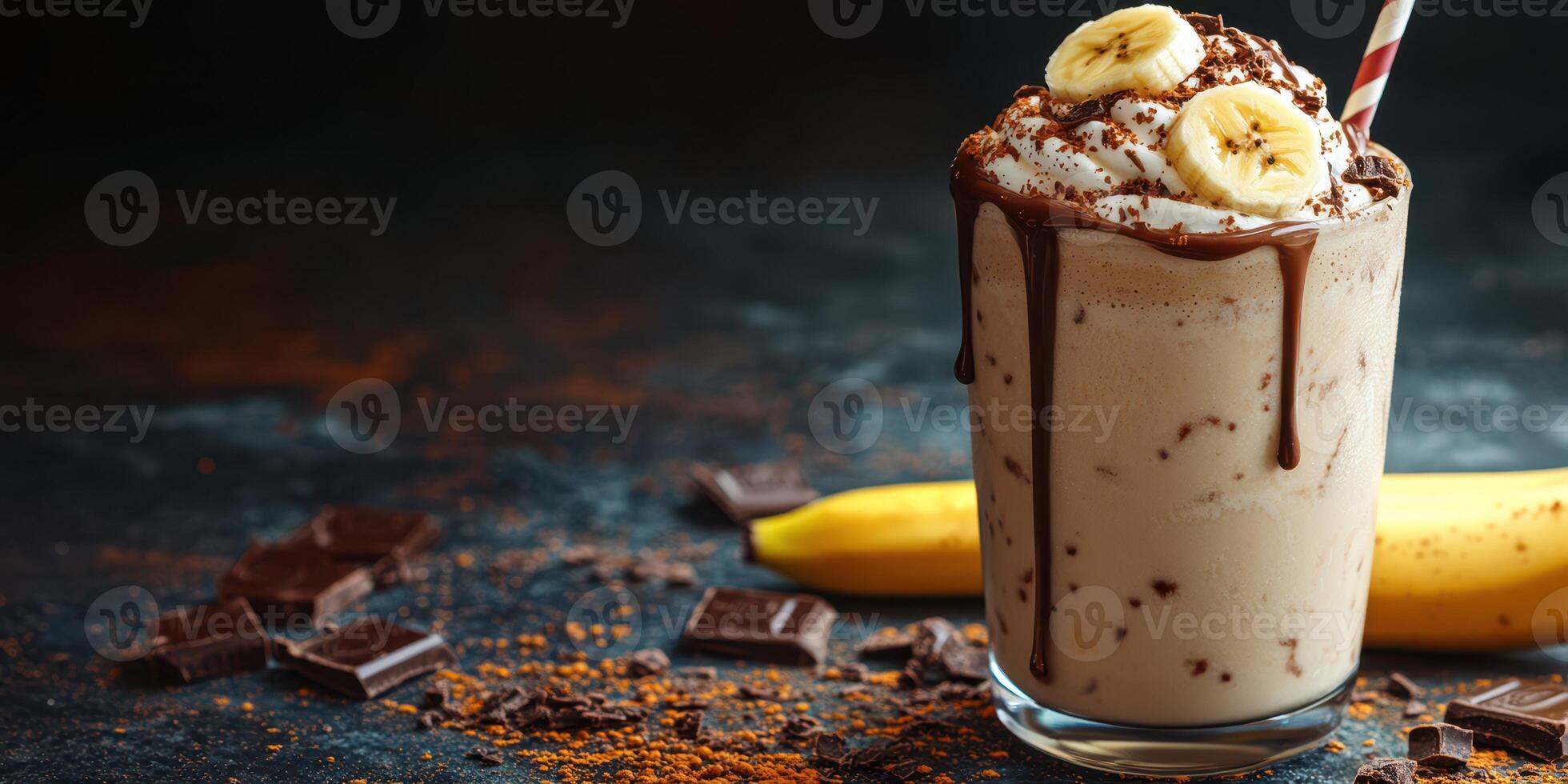 Delicious chocolate banana milkshake served in a glass with whipped cream and chocolate drizzle photo