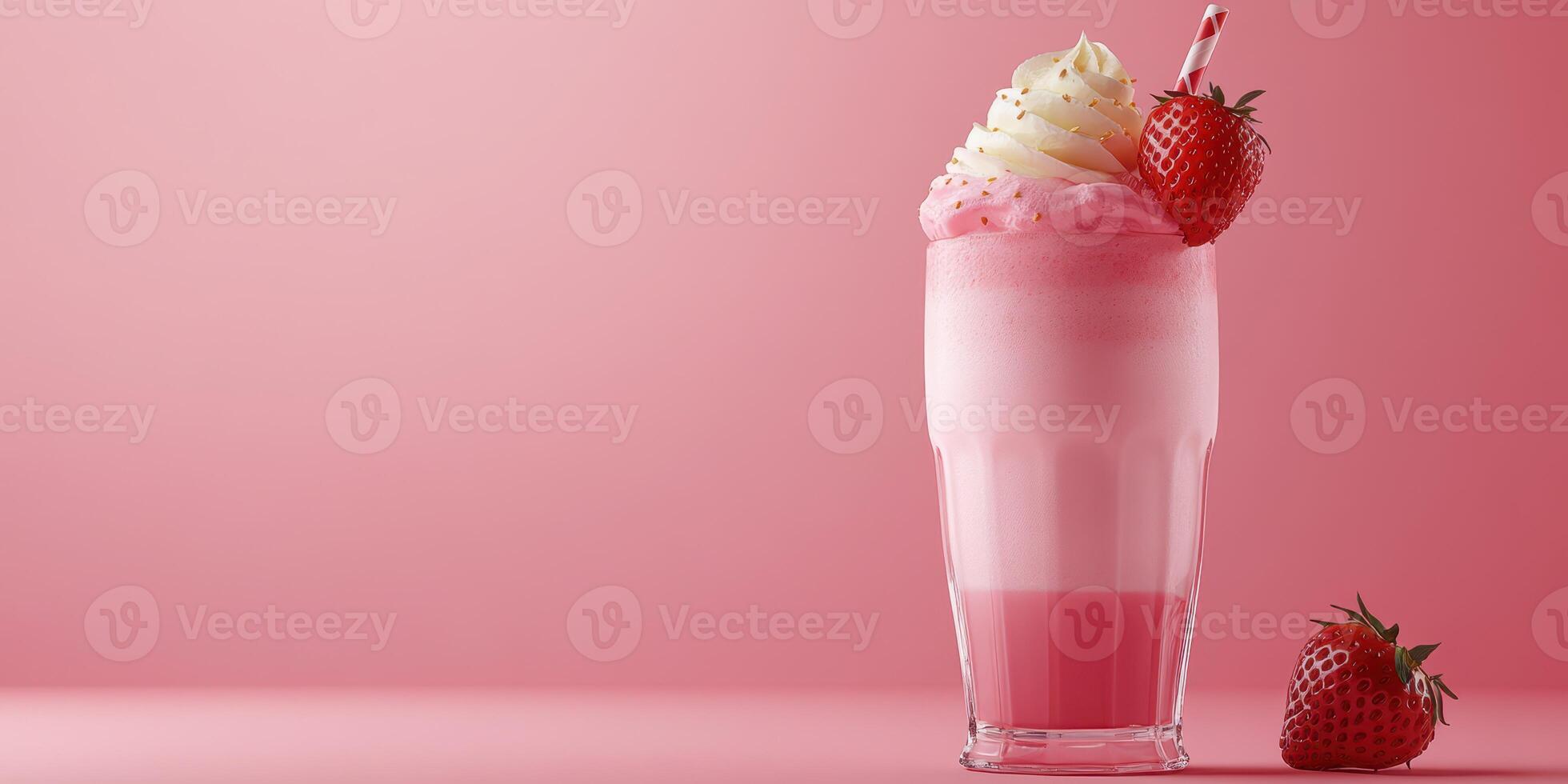 Delicious strawberry milkshake topped with whipped cream served in a clear glass photo