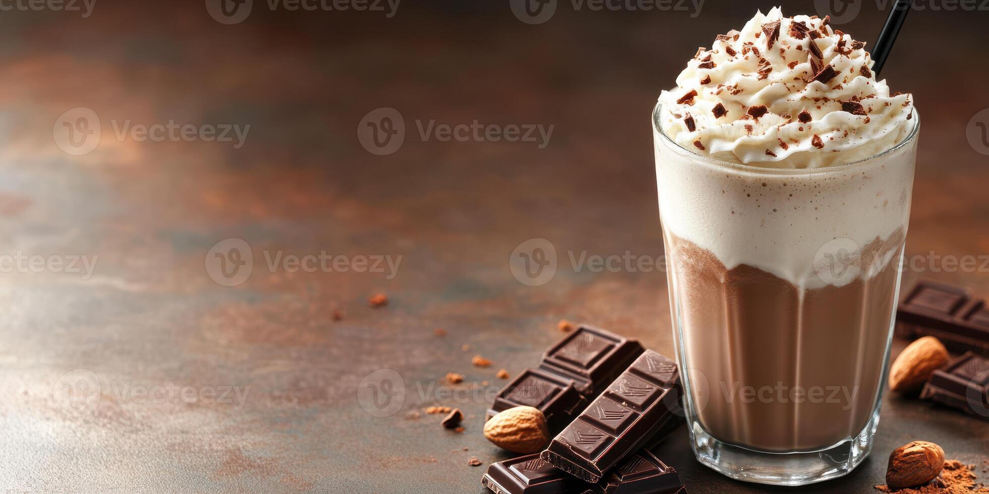Delicious chocolate milkshake topped with whipped cream and chocolate shavings on a rustic table photo