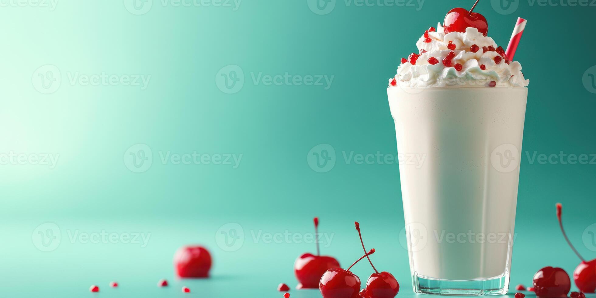 Refreshing milkshake topped with whipped cream and cherries on a bright blue background photo