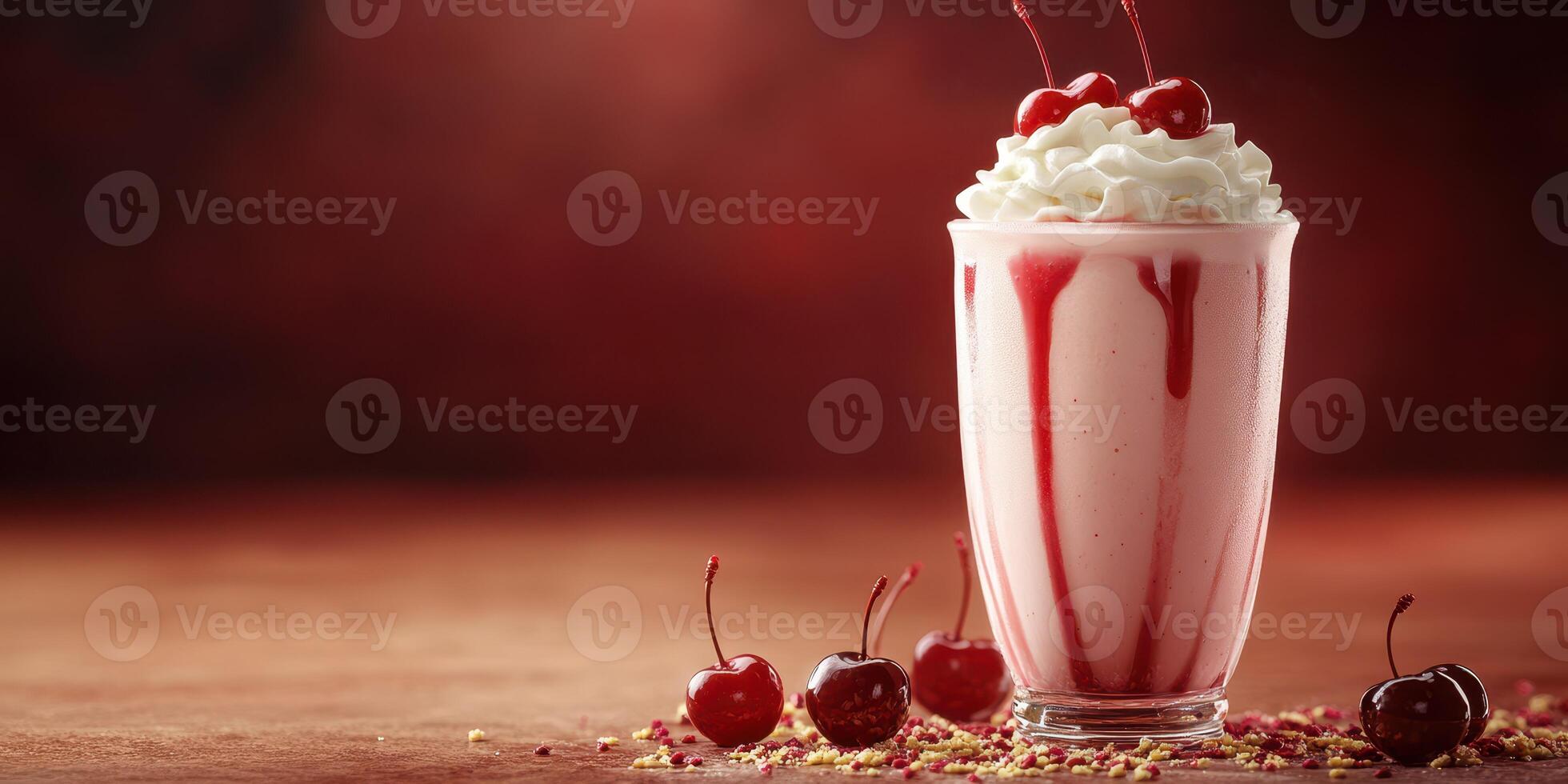 Delicious cherry milkshake topped with whipped cream and cherries served in a glass at a cozy dessert shop photo