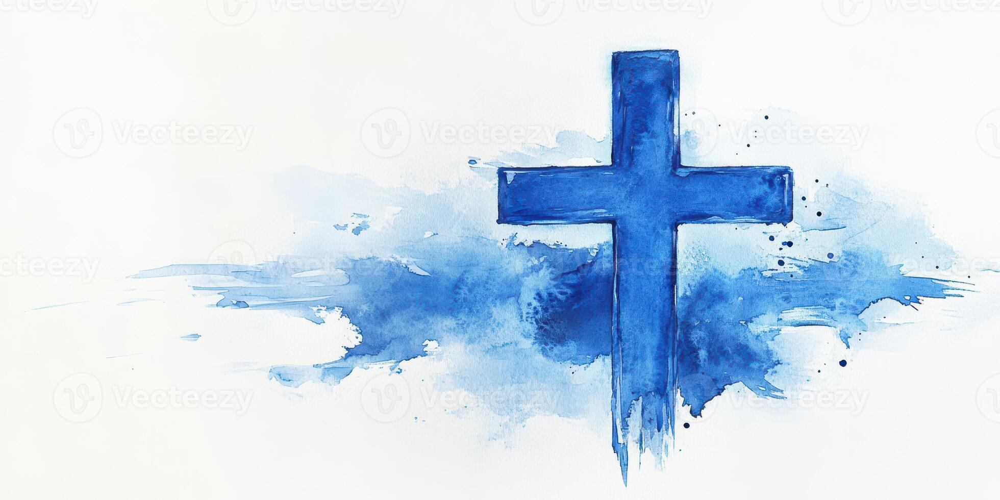 Blue cross painted with watercolor technique evokes a sense of spirituality and creativity in artistic expression photo