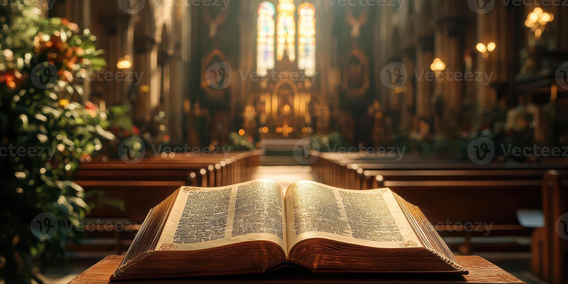 Open Bible resting on a wooden pew in an illuminated church during a serene afternoon service photo