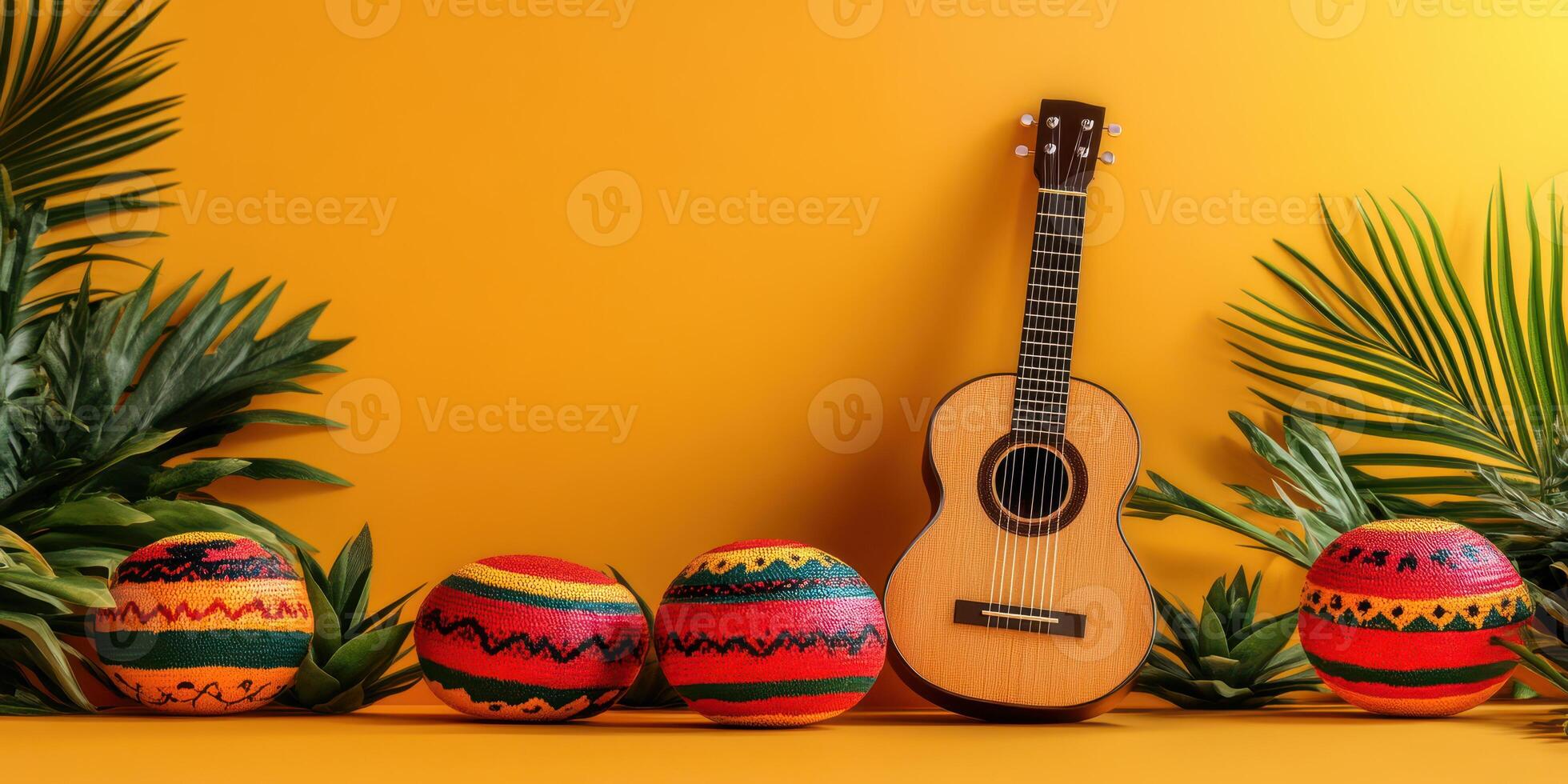 Eccentric display of a guitar and colorful handmade bowls against a bright yellow backdrop in a lively setting photo