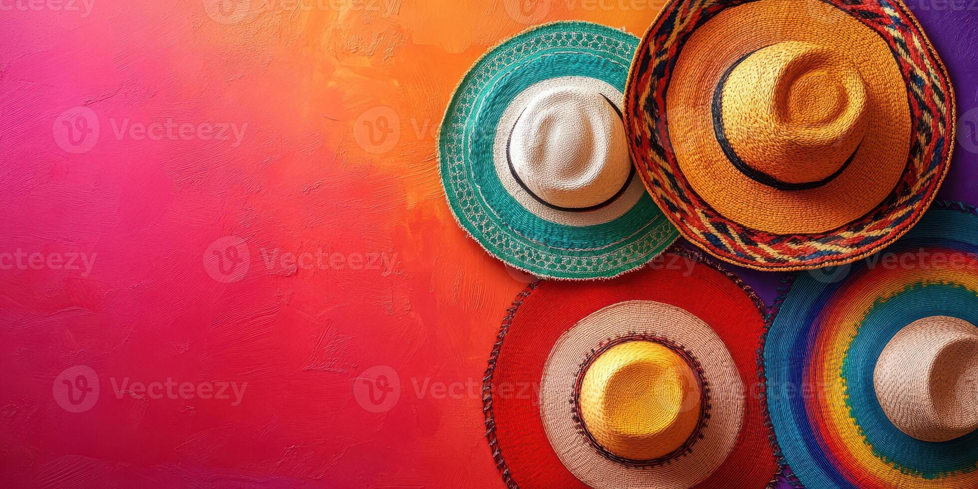 Vibrant collection of traditional hats displayed against a colorful background during a festive celebration photo
