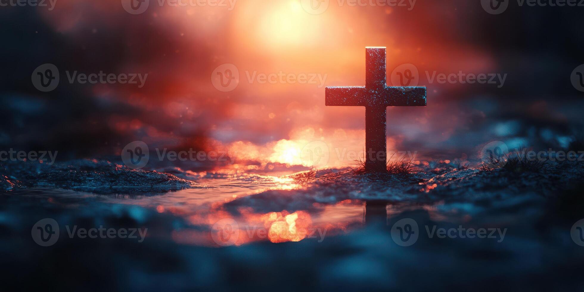 Cross standing in a misty landscape with soft light at dusk creating a serene and reflective atmosphere photo