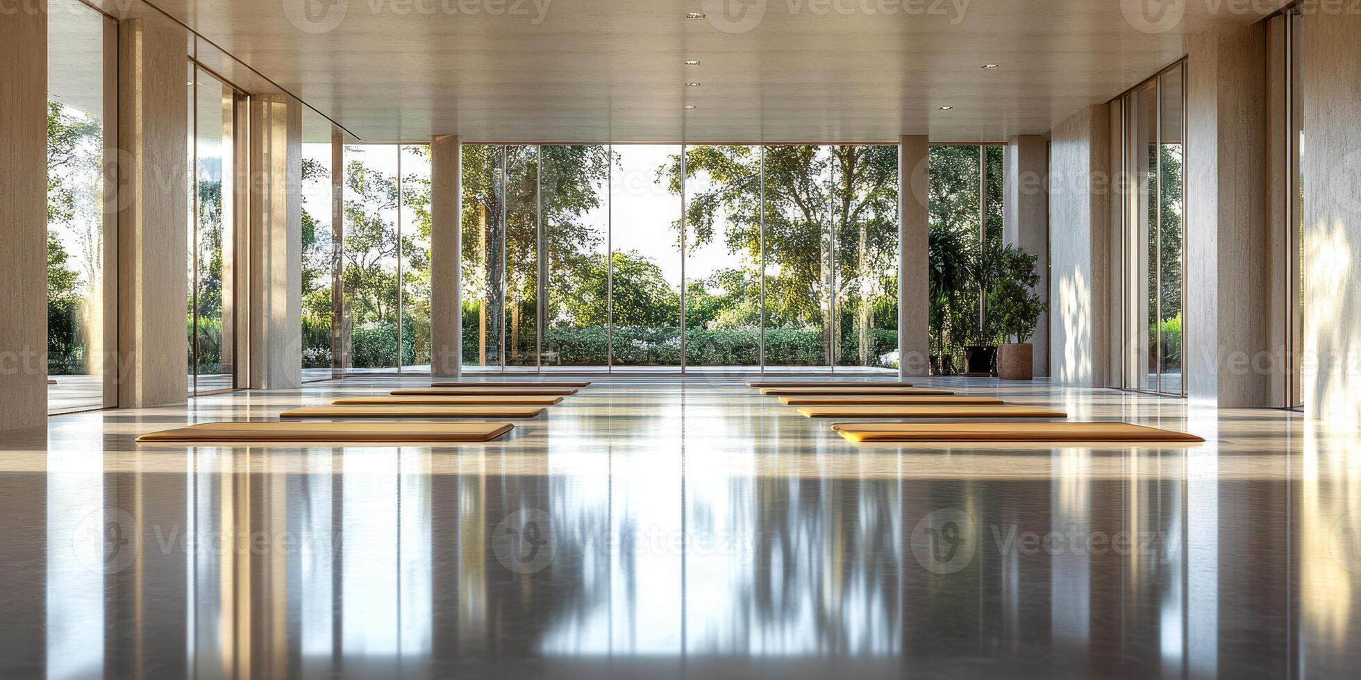 Modern meditation space featuring wooden platforms and large windows overlooking a serene landscape during daylight photo