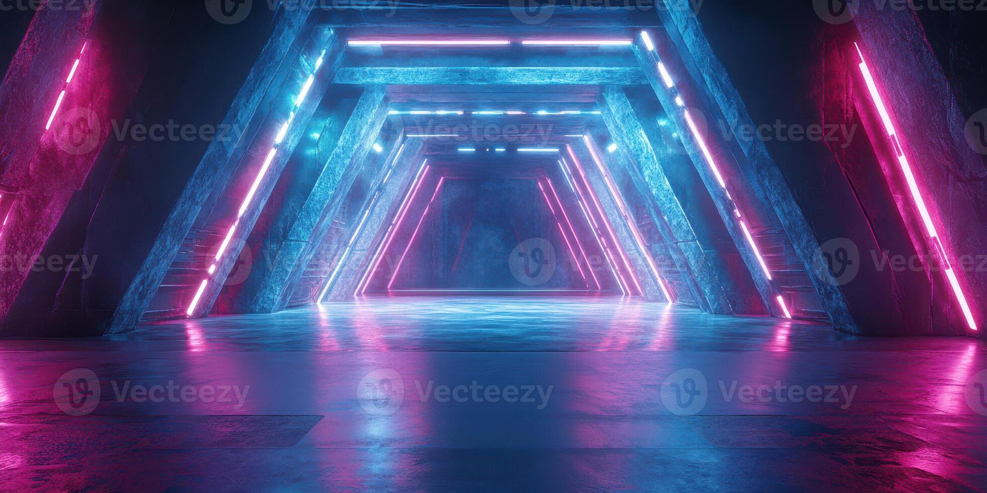 Neon-lit corridor with geometric shapes creating a futuristic atmosphere in a dark environment photo