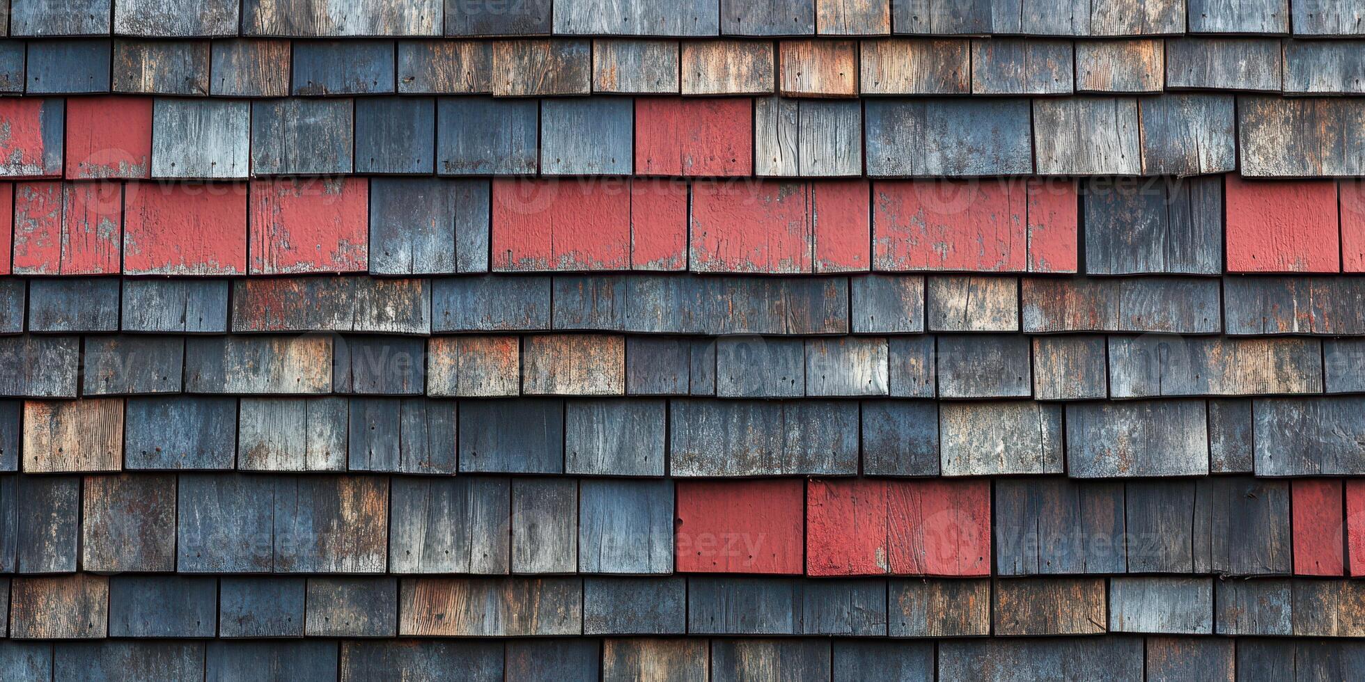 Unique wooden shingles in alternating blue and red hues on a rustic building exterior in natural light photo