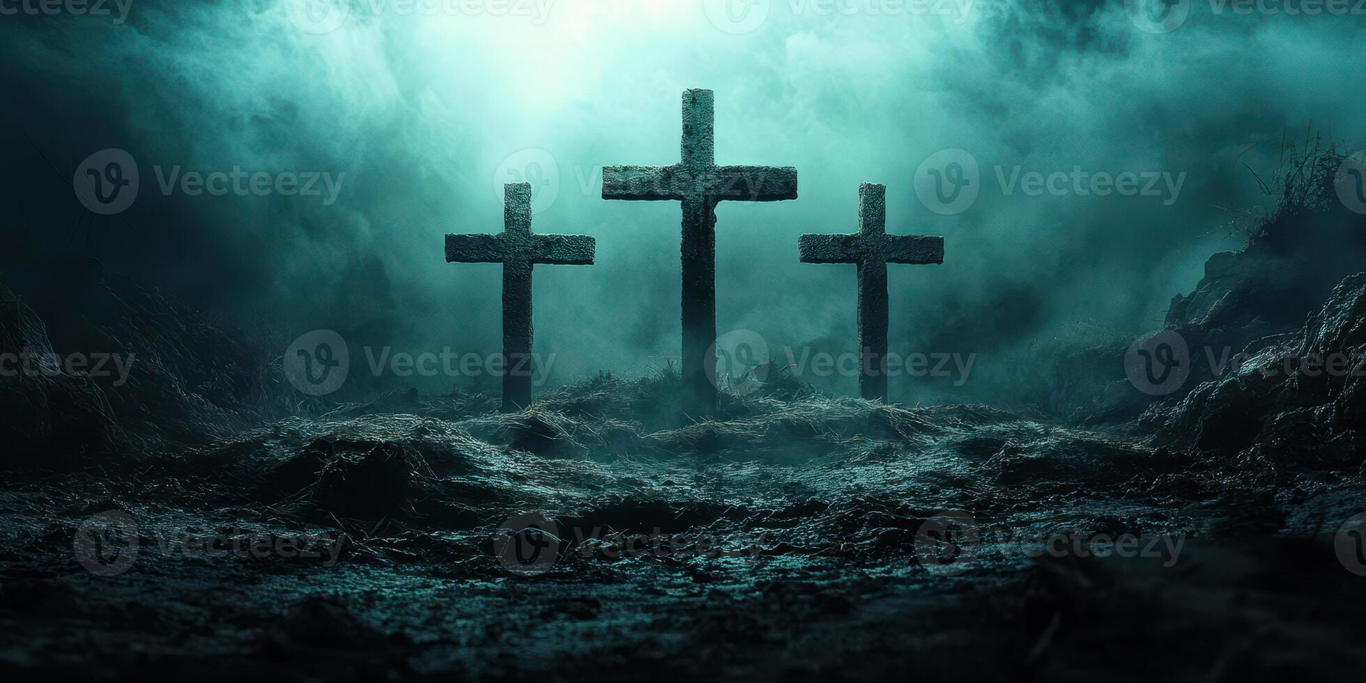 Three weathered crosses stand hauntingly in fog, symbolizing resilience and remembrance in a desolate landscape photo