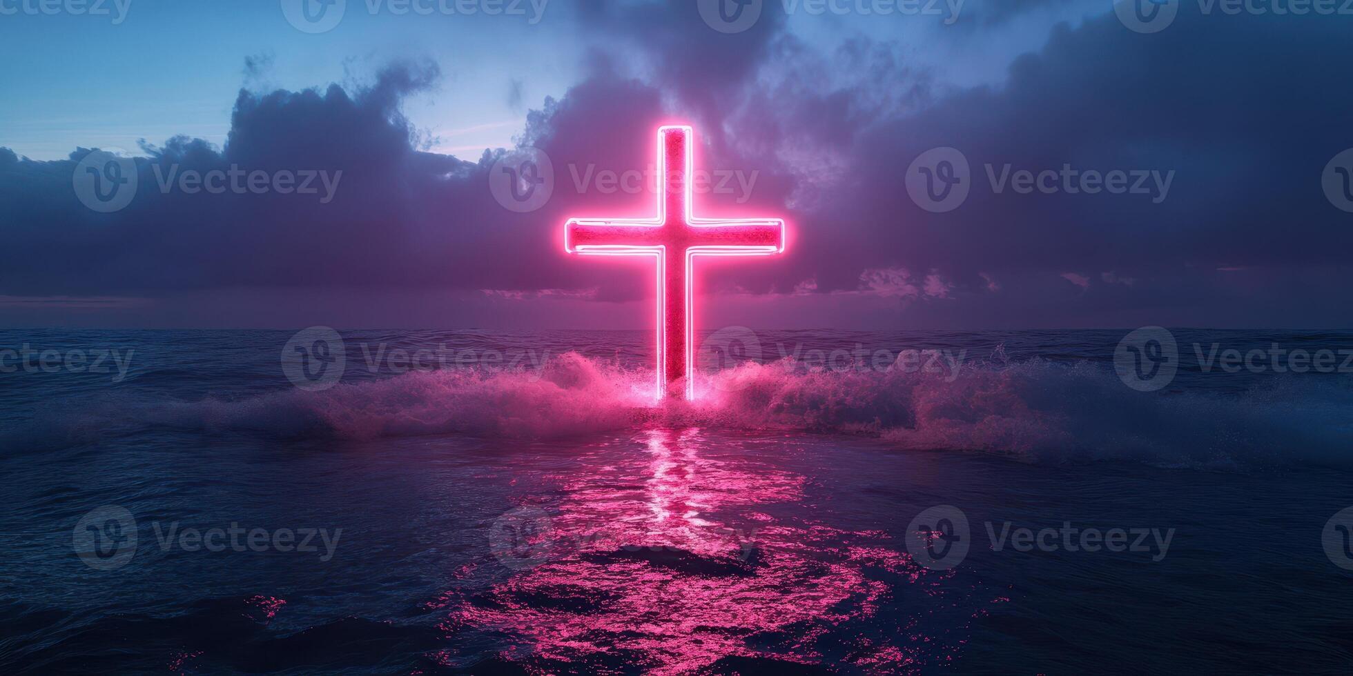 Bright neon cross glowing above ocean waves at twilight creating a captivating spiritual atmosphere photo