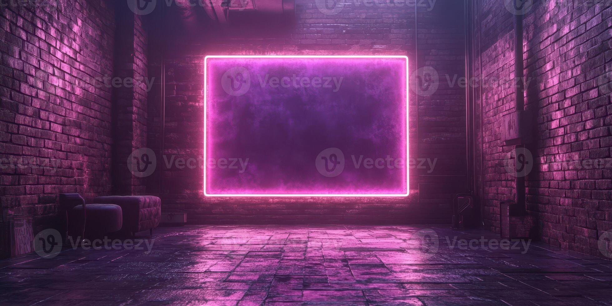Neon-lit urban space with textured brick walls and reflective floor during night time photo