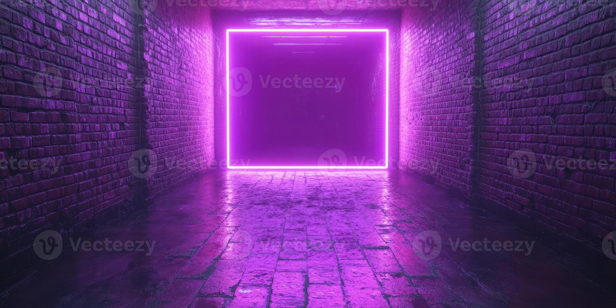 Neon-lit corridor with a glowing purple frame creates a surreal atmosphere at night photo