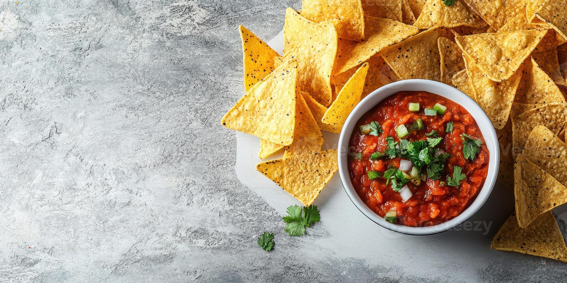 Freshly made salsa served with crispy tortilla chips on a textured stone surface photo