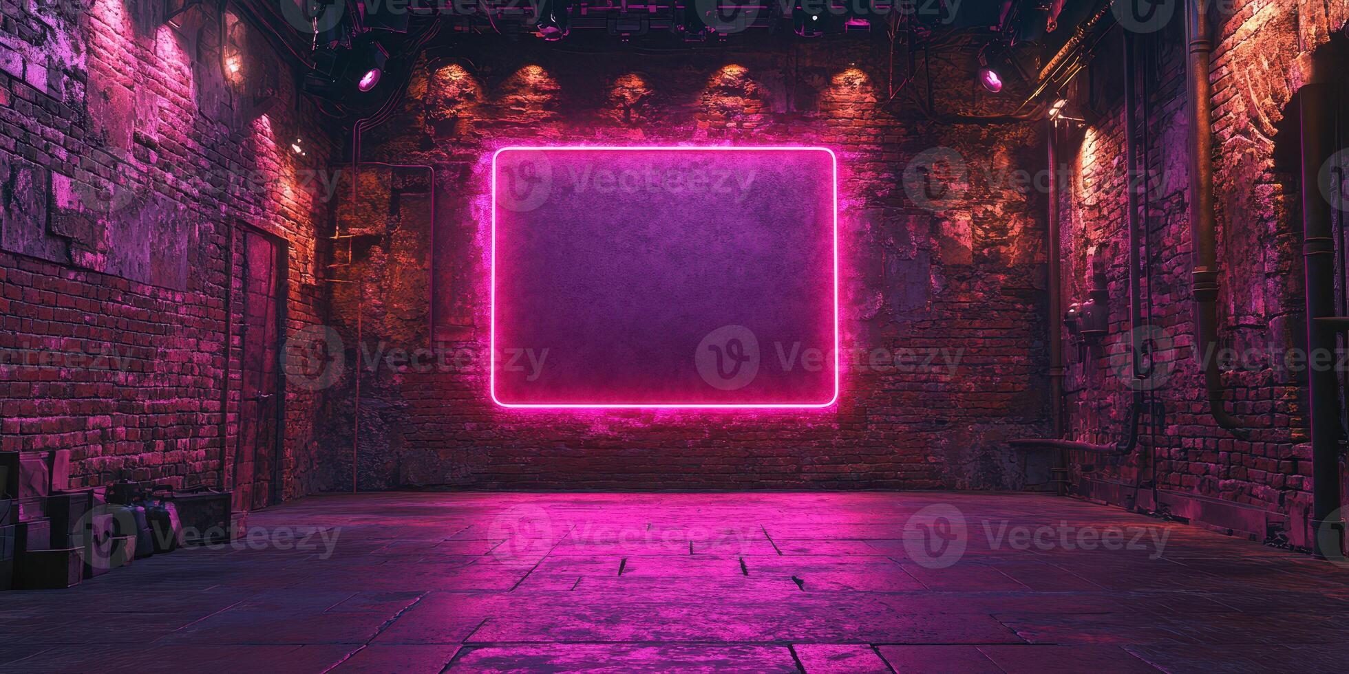 Neon illuminated empty space with brick walls and concrete floor for creative events and exhibitions at night photo