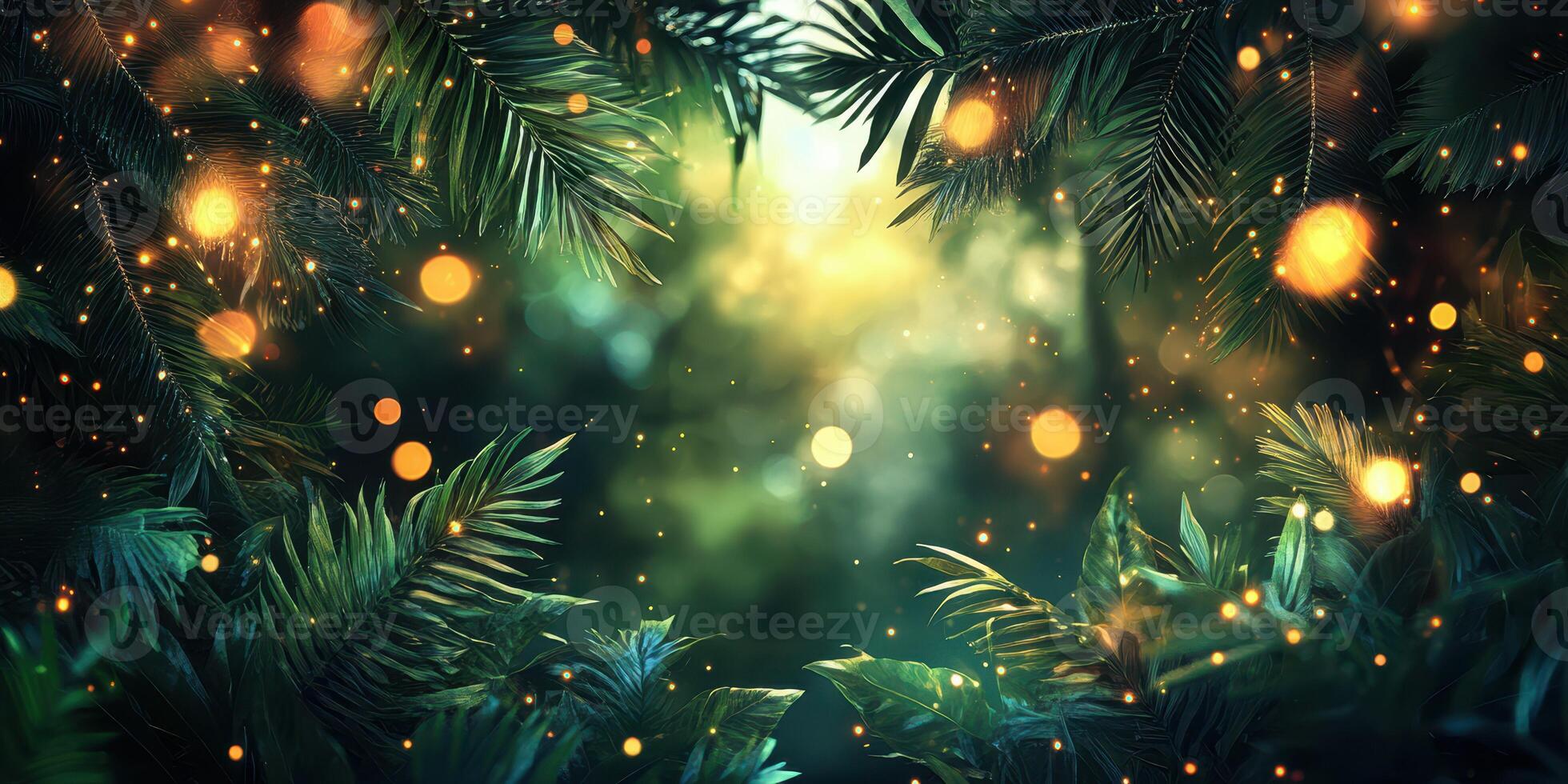Beautiful glimmering forest with soft lights and vibrant foliage captured during golden hour photo