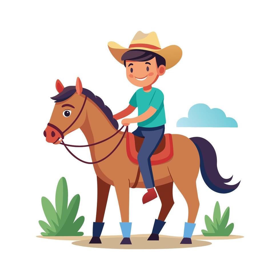 Joyful Boy Riding a Horse at Sunset vector
