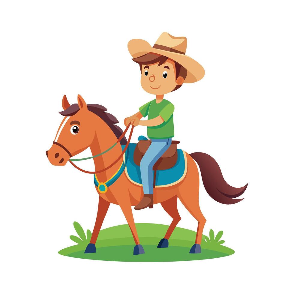 Adventurous Boy Riding a Horse Through Fields vector