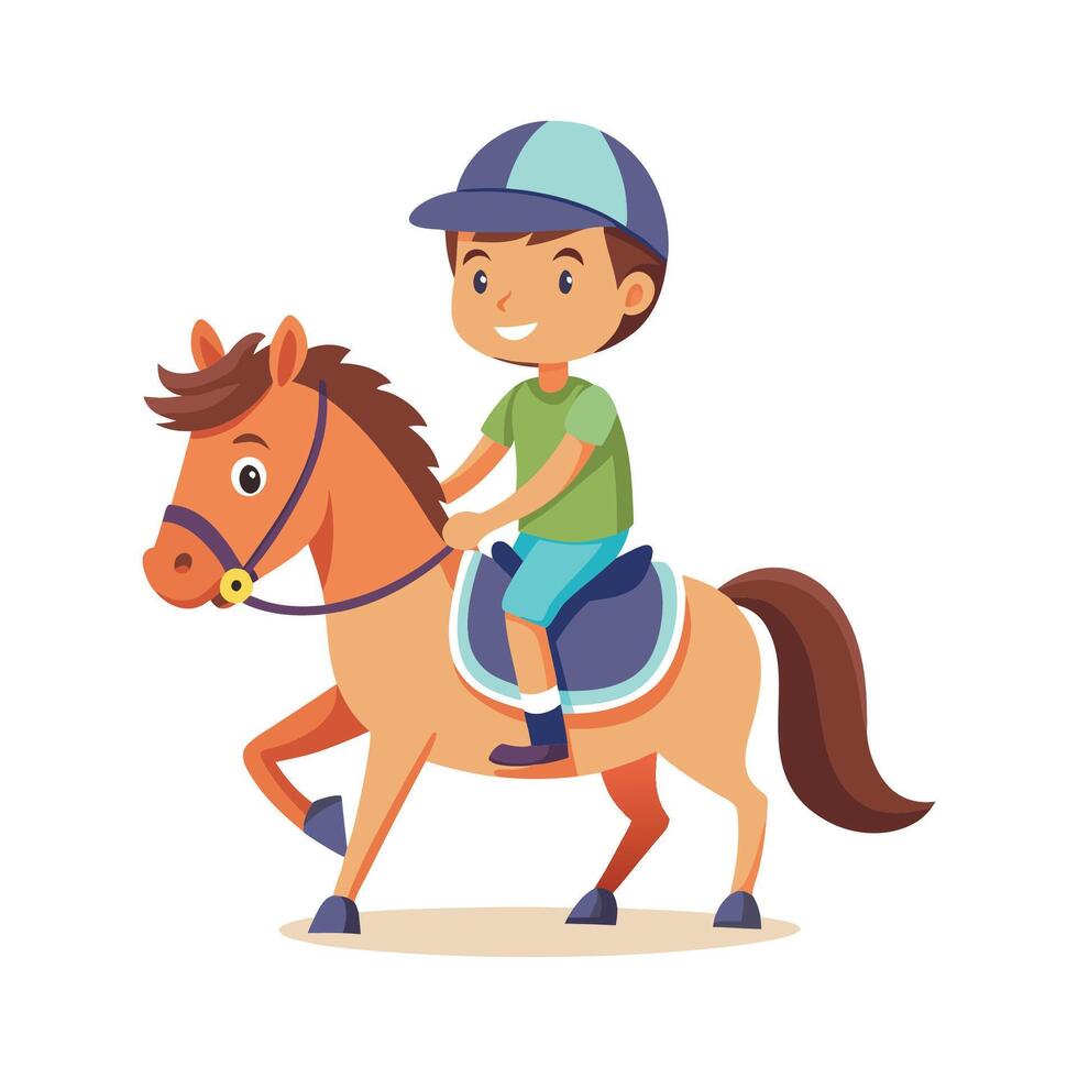 little boy riding a horse, cartoon illustration. vector