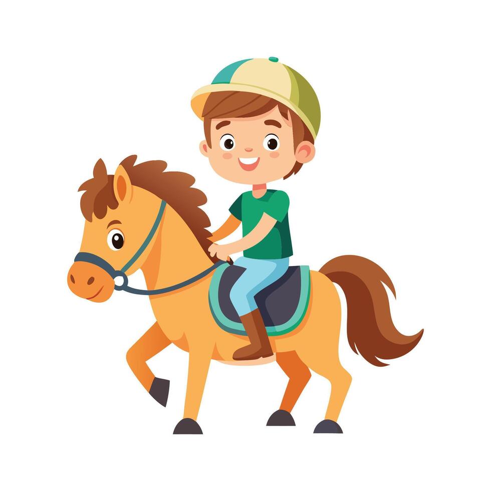 a boy riding a horse in a green hat vector