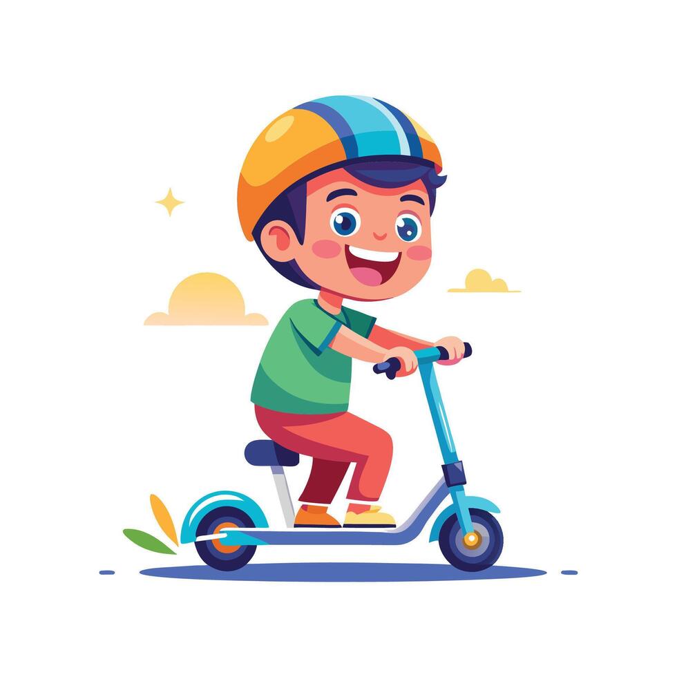 Joyful Boy Riding His Scooter in the Park vector
