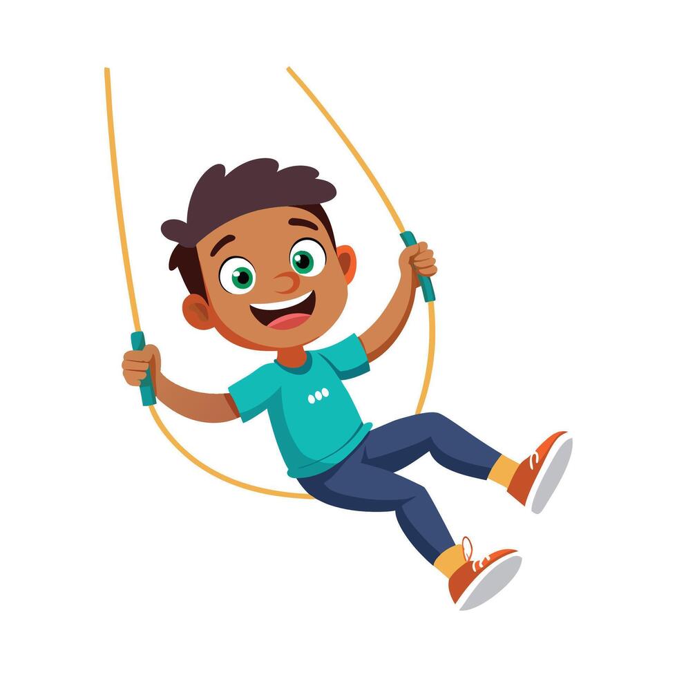 Happy Boy Enjoying Swinging on a Rope vector