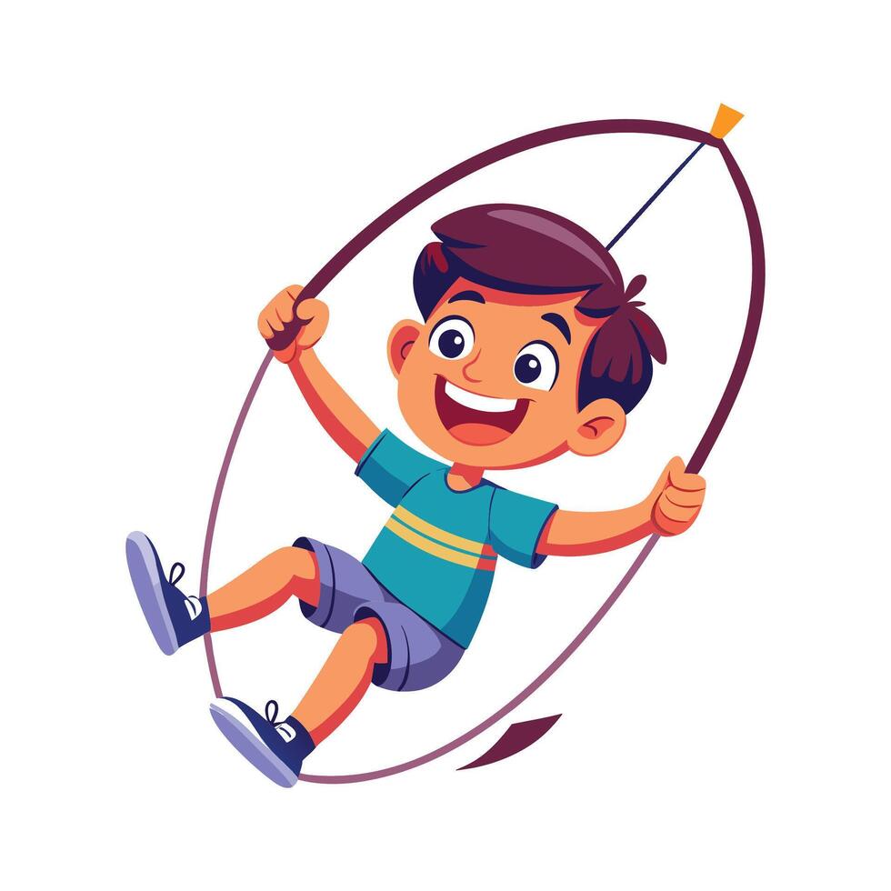 Joyful Boy Gripping a Rope While Swinging. vector