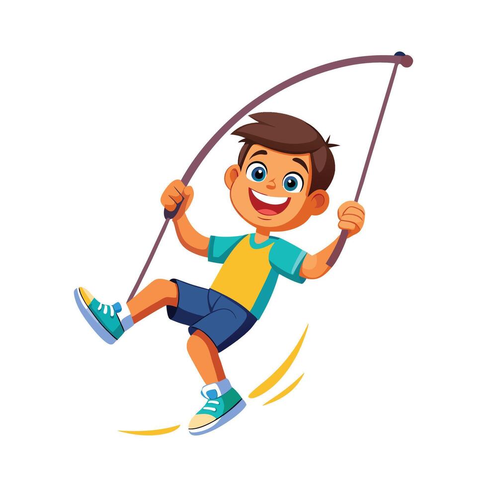Energetic Boy Swinging on a Rope. vector