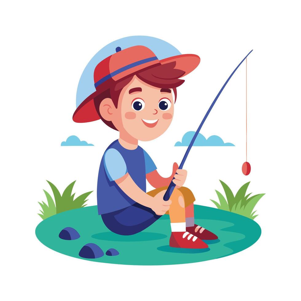 Dynamic Scene of Boy Fishing at the Lake vector