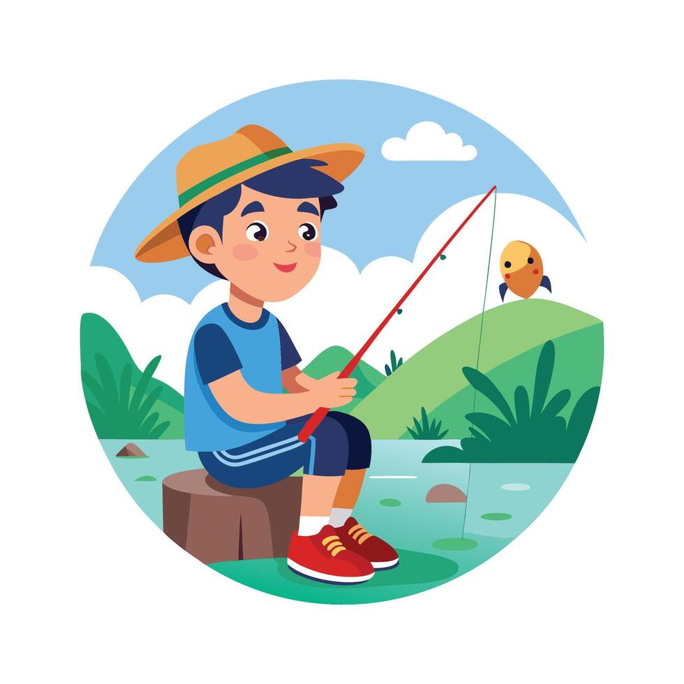 Energetic Boy Waiting for a Fish to Bite vector