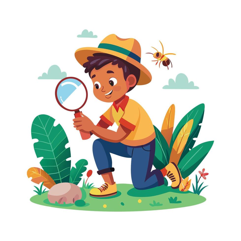 Joyful Boy Discovering Bugs with Magnifying Glass. vector