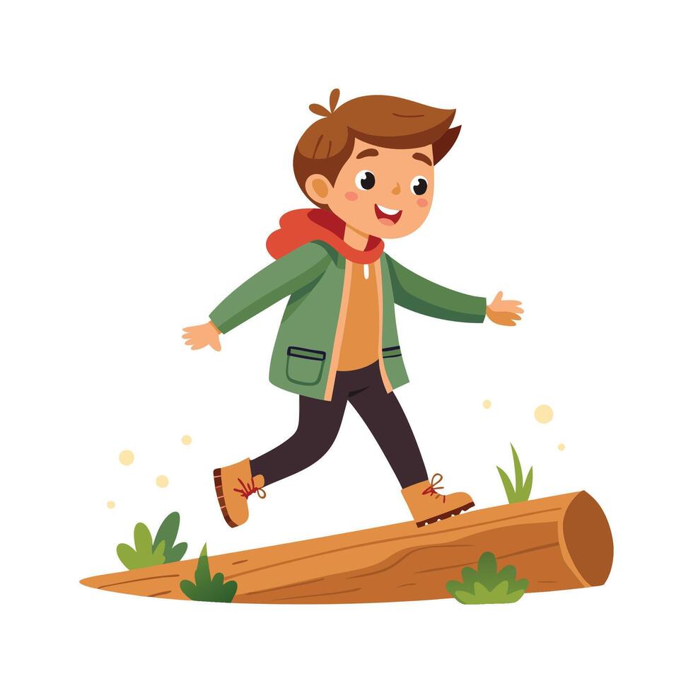Boy carefully balancing on a log vector