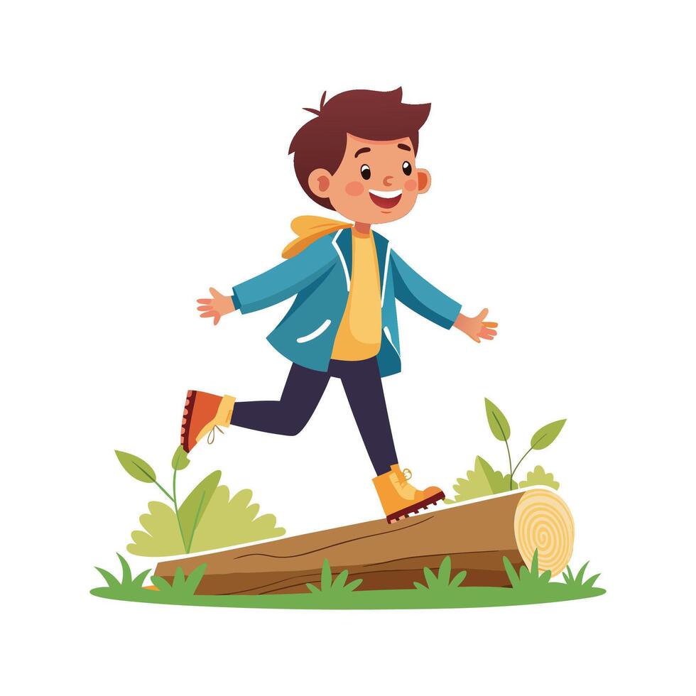 Adventurous boy balancing on a fallen log vector