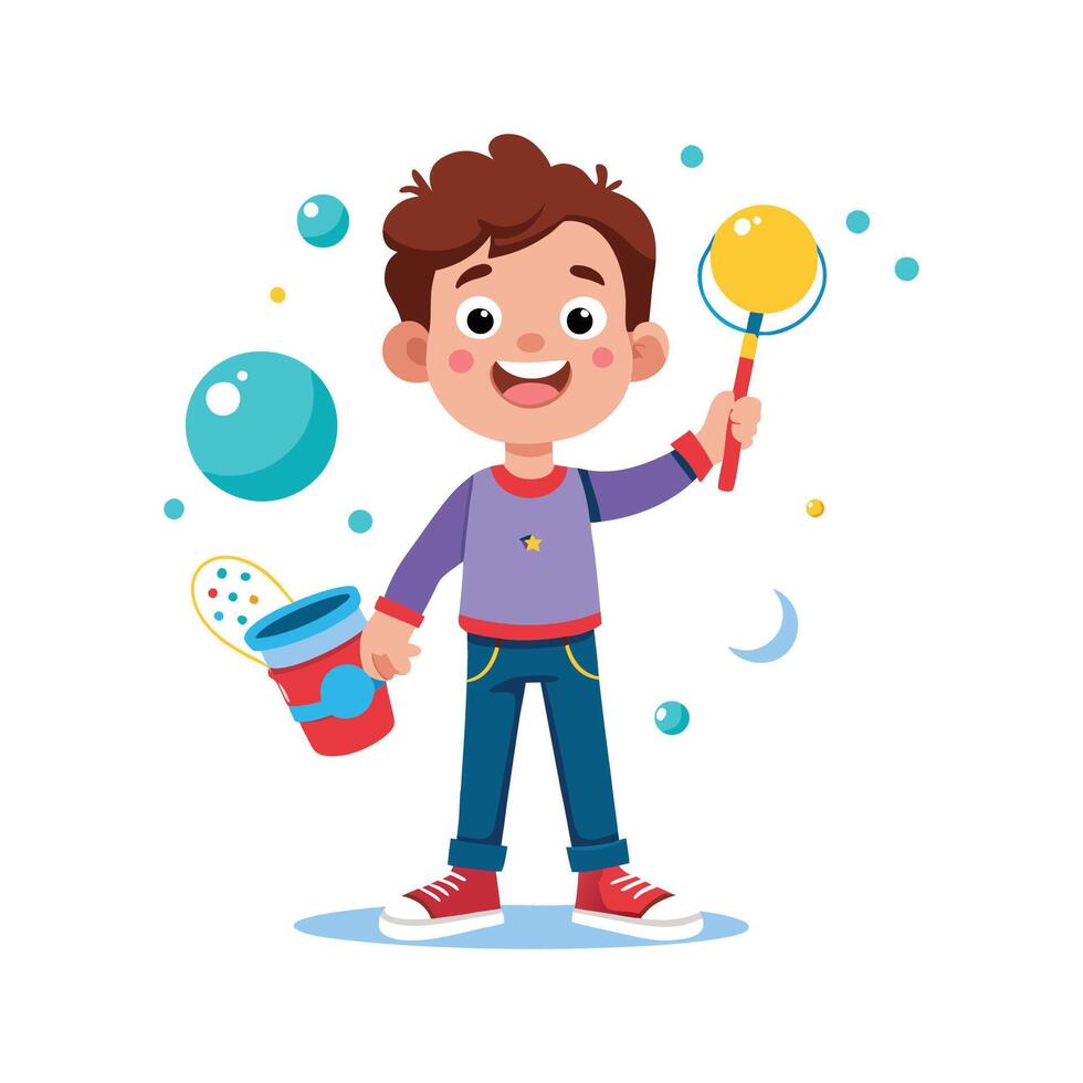Happy boy blowing colorful soap bubbles vector