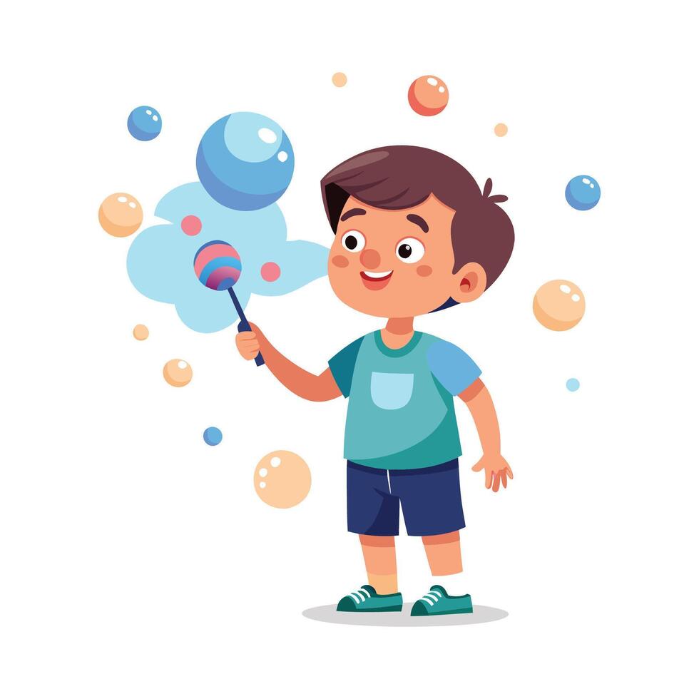 Playful boy blowing bubbles in garden vector