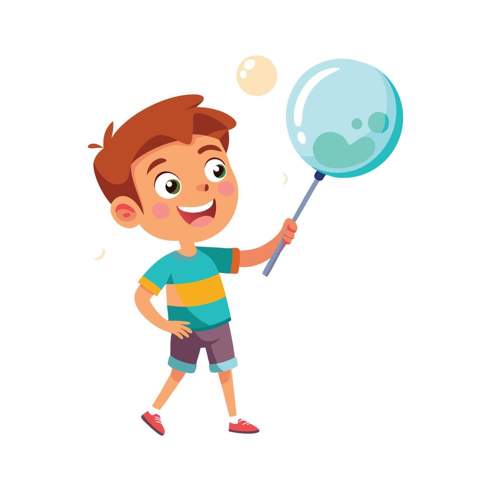 Charming boy playing with soap bubbles vector