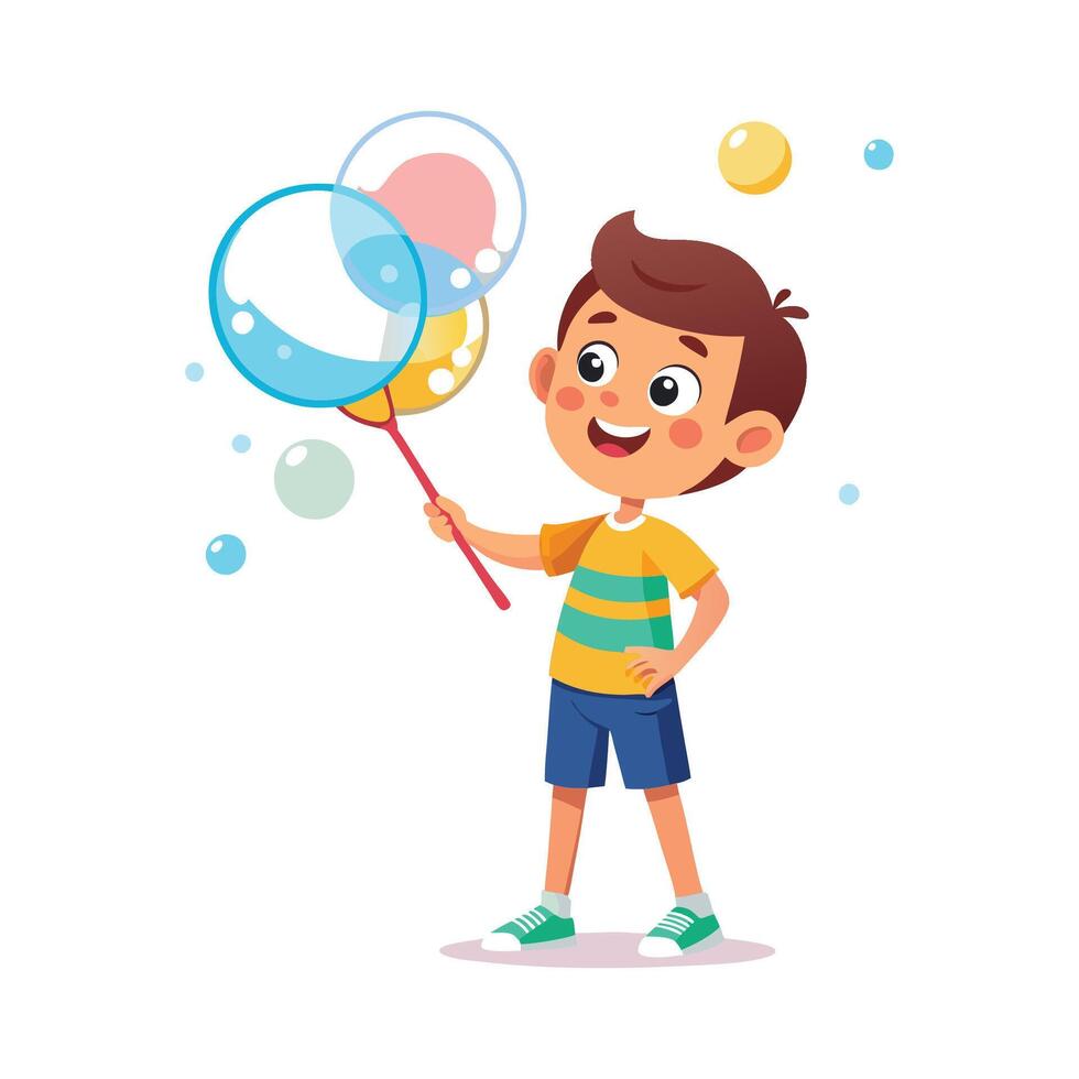 Delighted boy with soap bubbles in hand vector