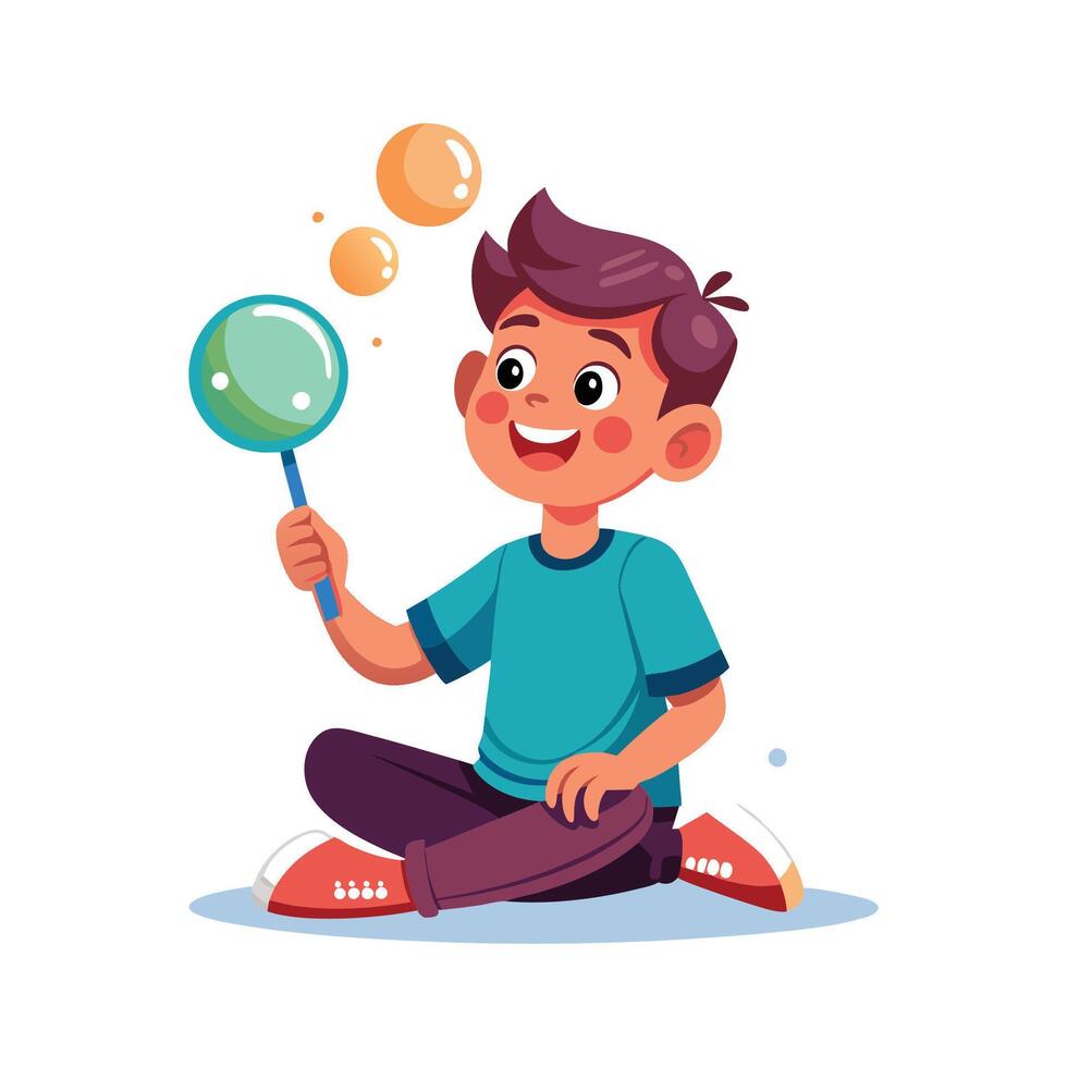 Joyful boy creating soap bubbles outdoors vector
