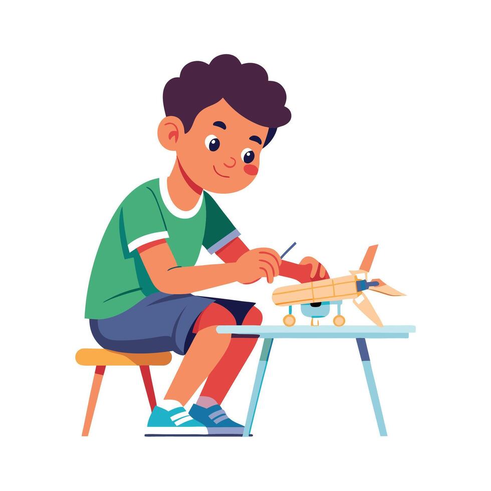 Dedicated boy assembling a model airplane vector