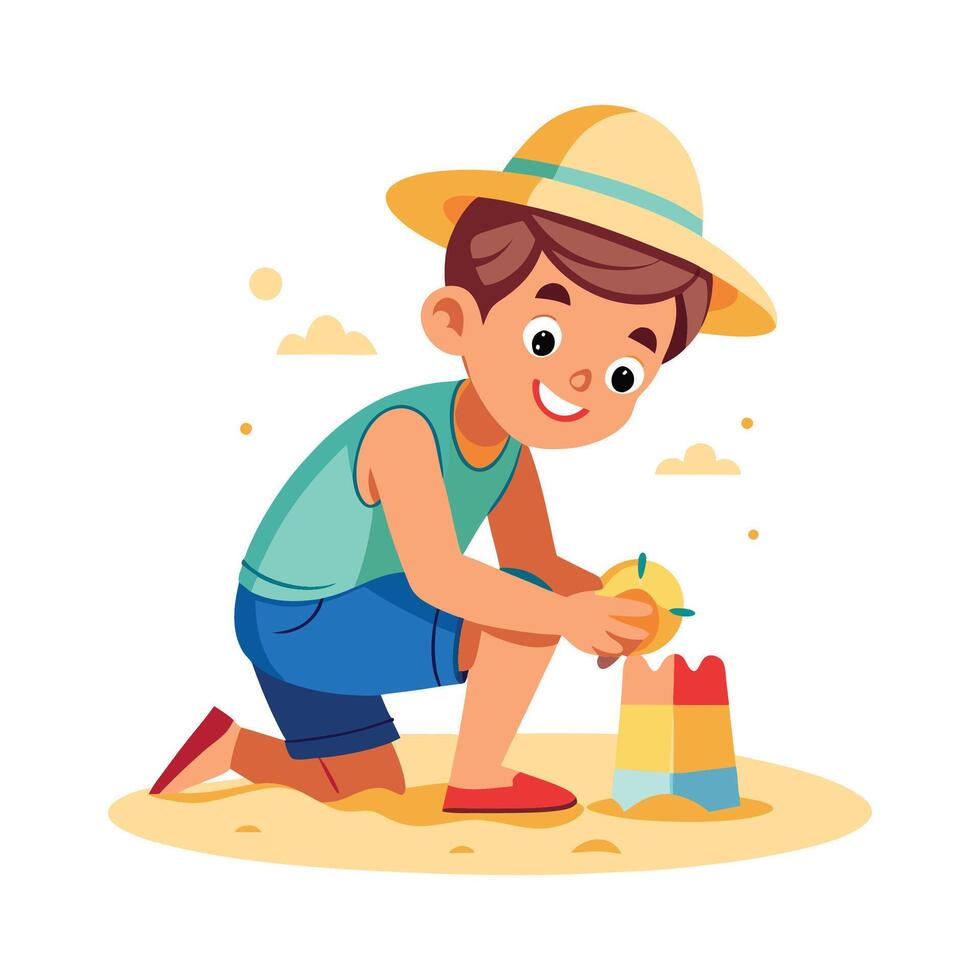 boy playing with sand on the beach vector