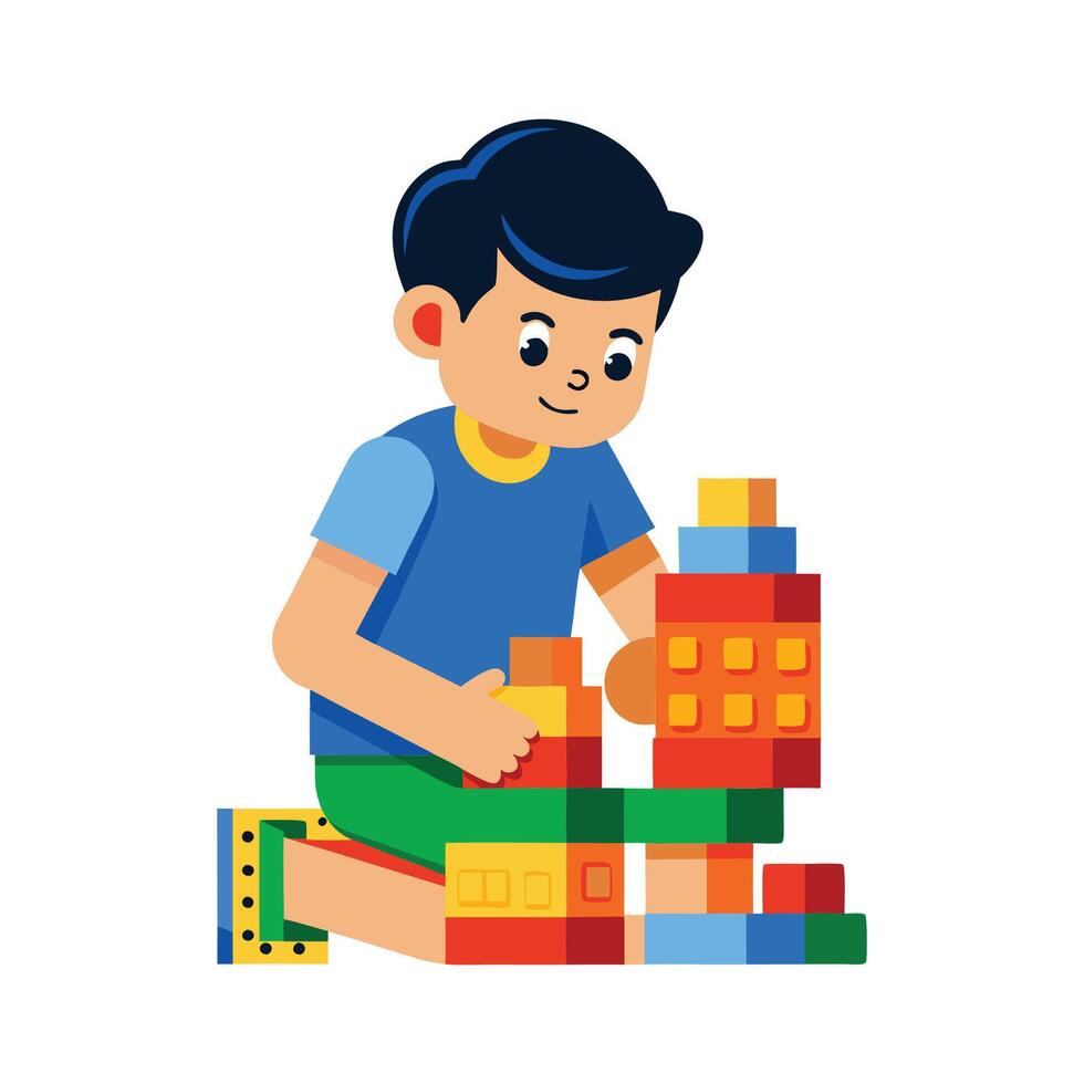 Boy Constructing Creative Lego Design with Joy vector