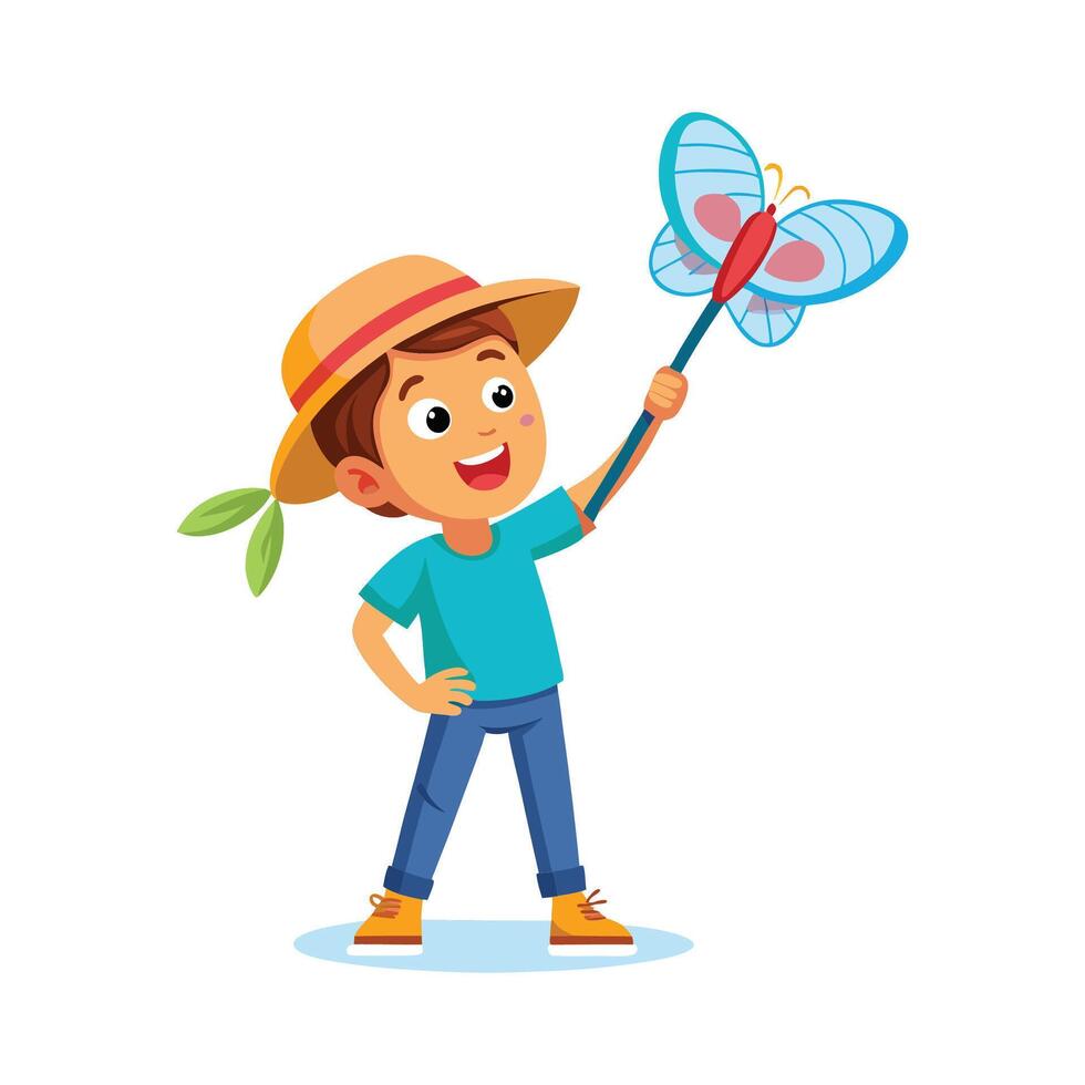 Boy Holding Butterfly with Excitement and Wonder vector