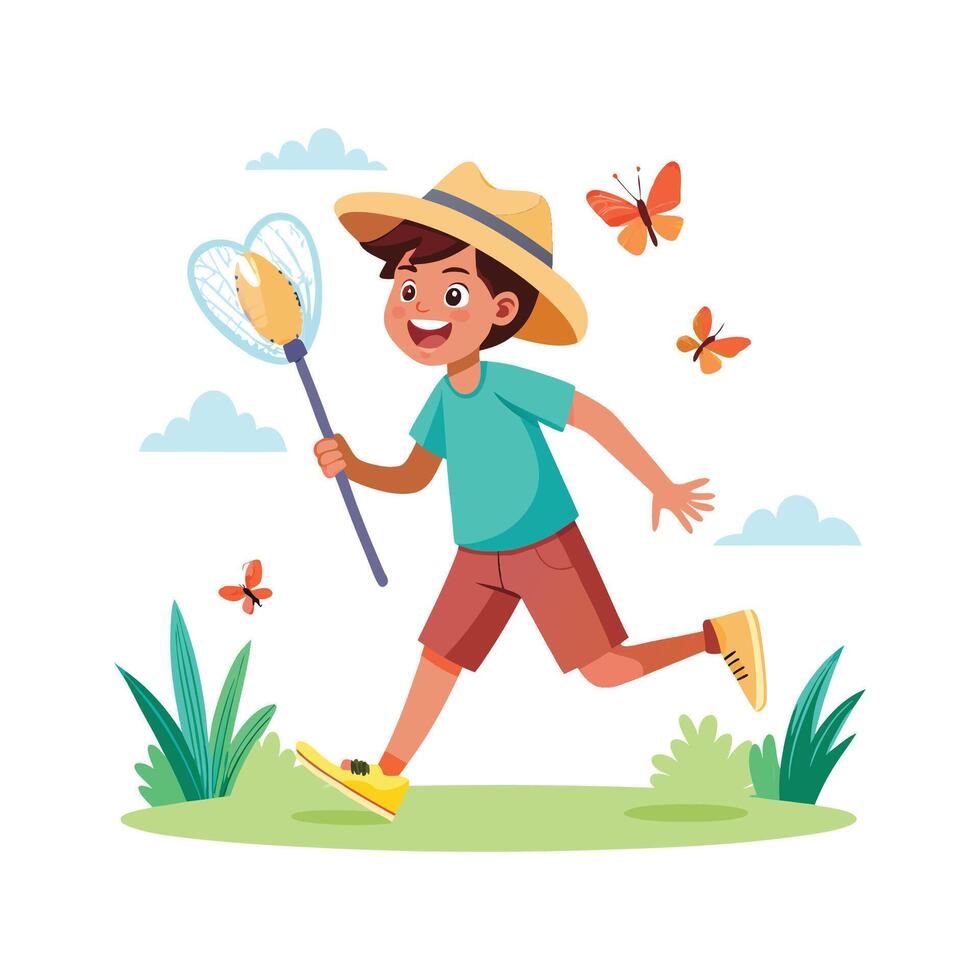 Joyful Boy Running to Catch Butterflies Outside vector
