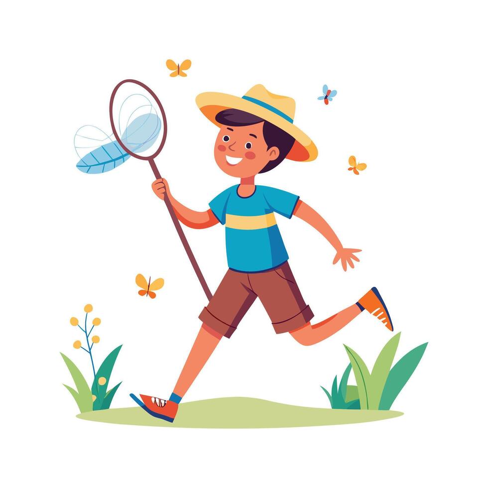 Illustration of Boy Running to Catch Butterflies vector